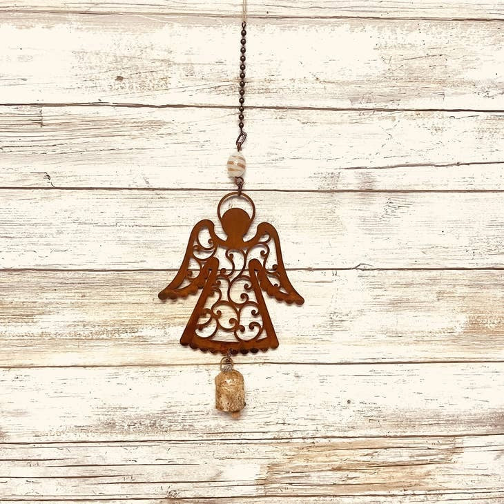 Angel Wings Down Single Bell | Rustic Memorial Gift | Metal Garden Art | Iron Owl
