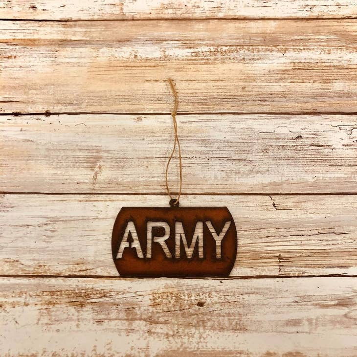 Handmade in US Army Ornament | Unique Metal Yard Sign | Iron Owl Metal Art
