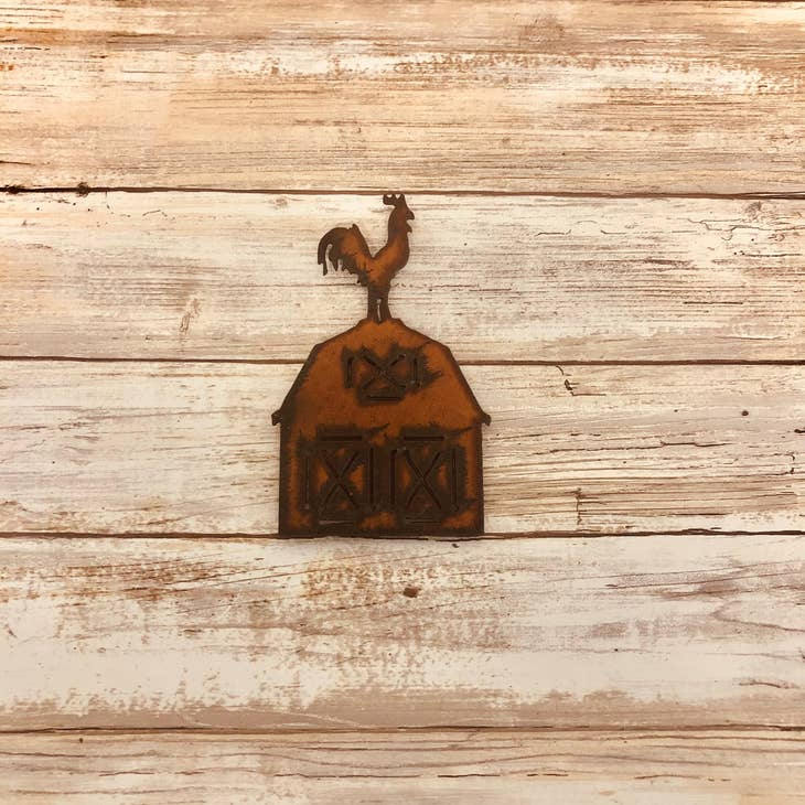Barn with Rooster Rusty Metal Magnet | Handmade in US | Buy unique metal yard signs | Iron Owl