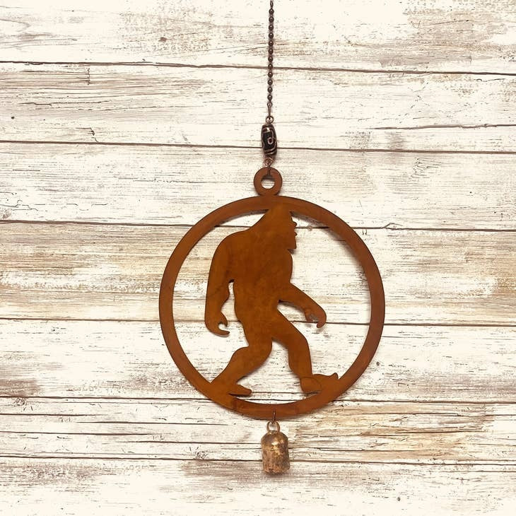 Rustic Bigfoot metal garden bell chime for outdoor yard decor