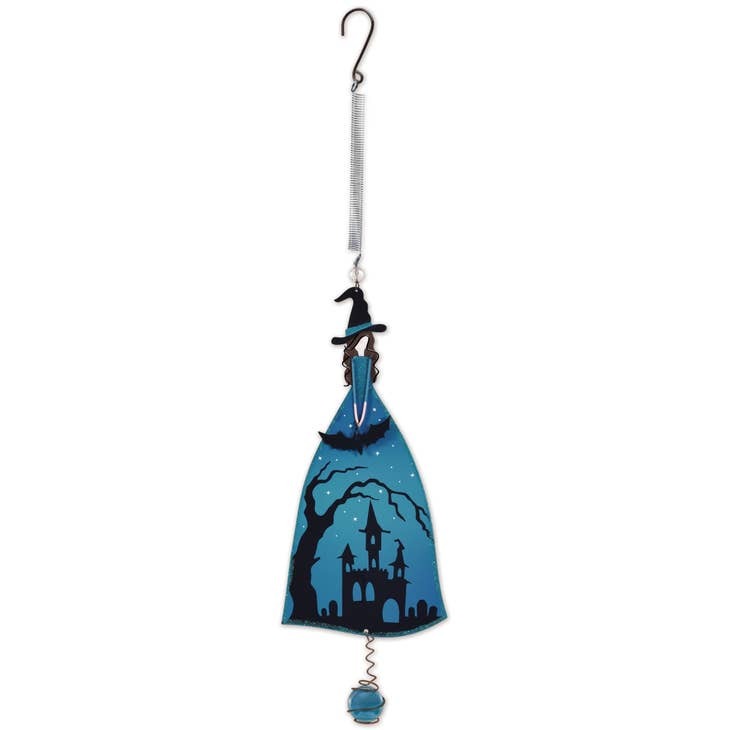 Blue bouncy witch figure for hanging Halloween decor, rustic metal style