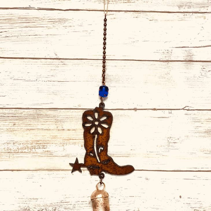 Rustic Western Boot Hanging Mobile with Metal Single Bell | Made from Rusted Steel
