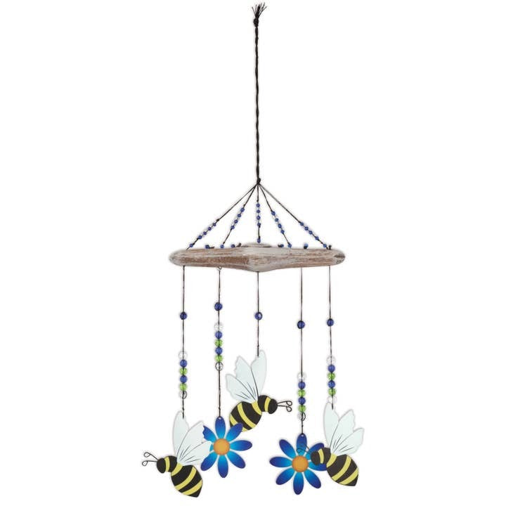 Bee Wind Chime Painted Metal, Beads and Driftwood