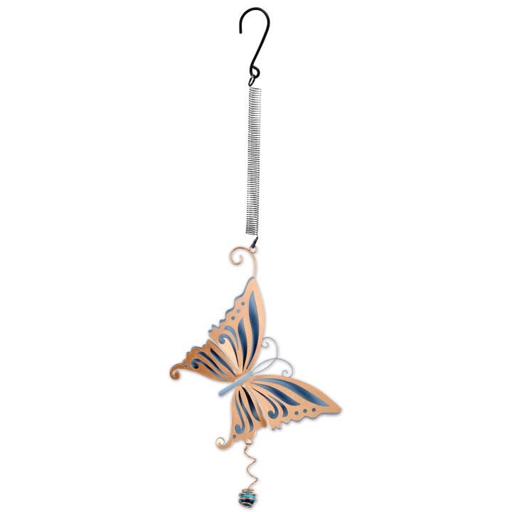 Blue and Gold Metal Butterfly Garden Mobile with Intricate Designs