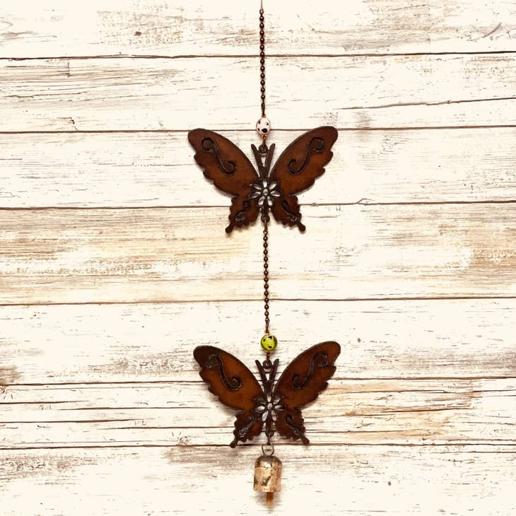 Butterfly Double Rustic Bell Mobile | Rusty Bell Chime | Hanging Metal Chime for Sale | Iron Owl Home