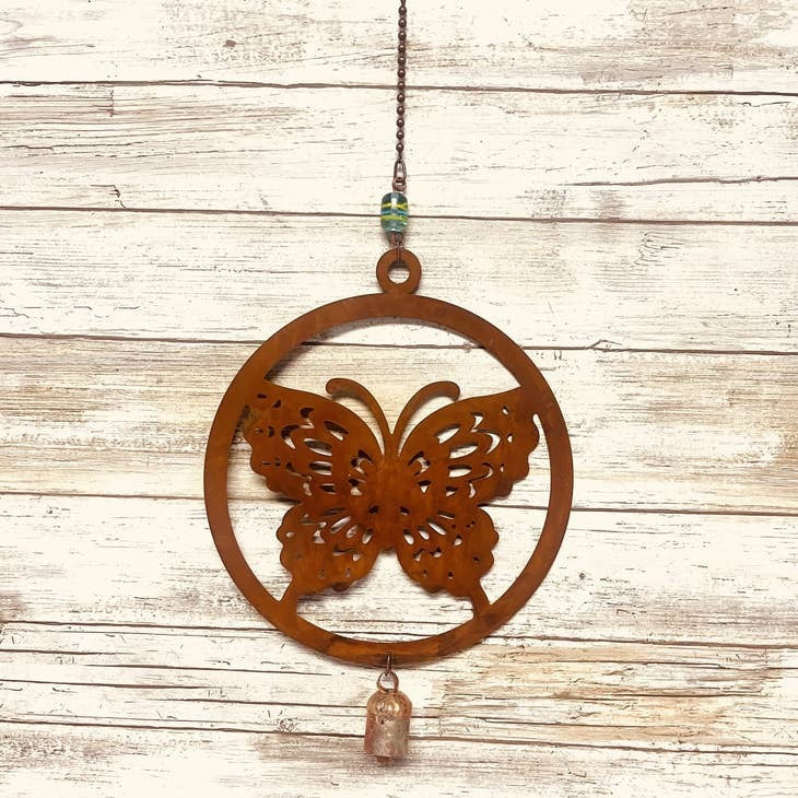 Butterfly-themed rustic metal bell chime for garden or porch