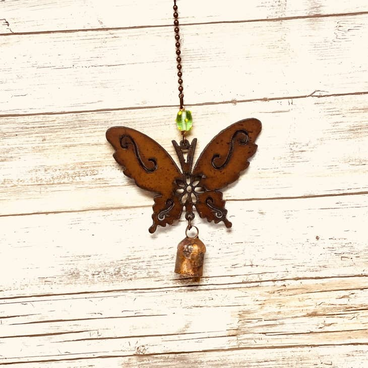 Butterfly Garden Friend Metal Bell Chime | Rustic Outdoor Hanging Bell Décor | Iron Owl Home