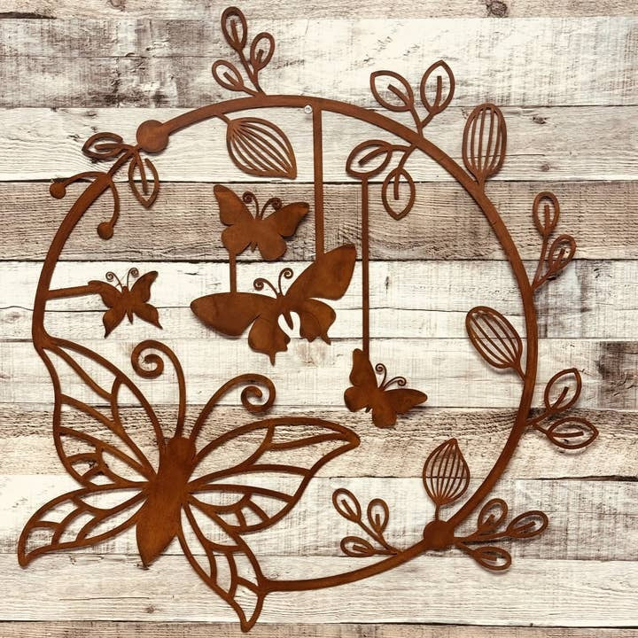 Butterfly Garden Wall Art in Rusty Metal Finish | Whimsical Metal Art Sign for Outdoor Garden Decor – Iron Owl