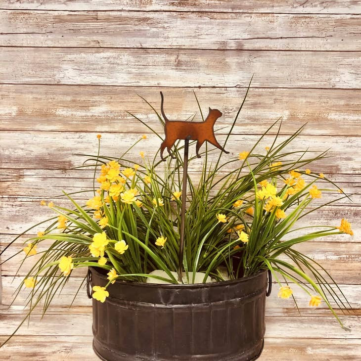 Rusty metal kitty cat plant stake for garden decoration