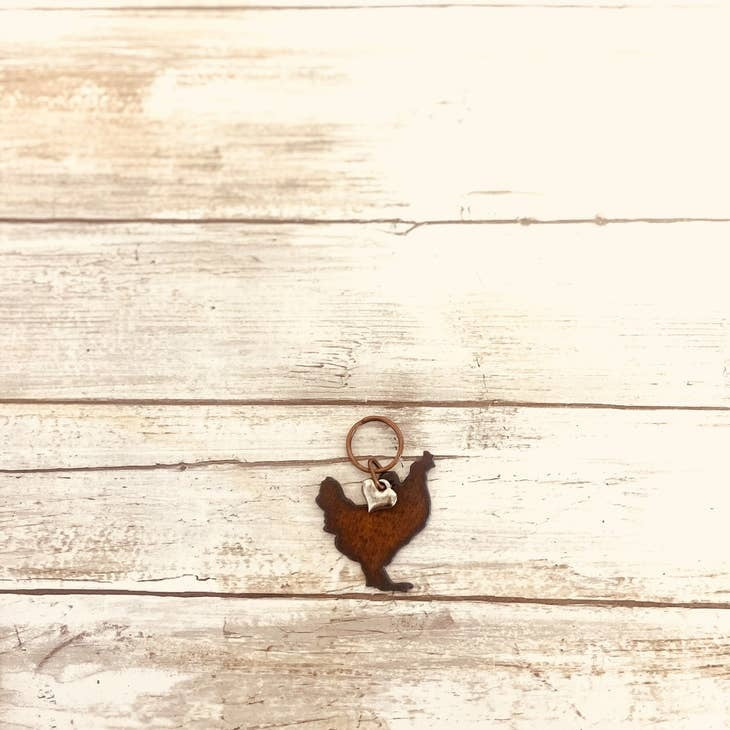 Rusty metal chicken key chain with heart charm for farm lovers