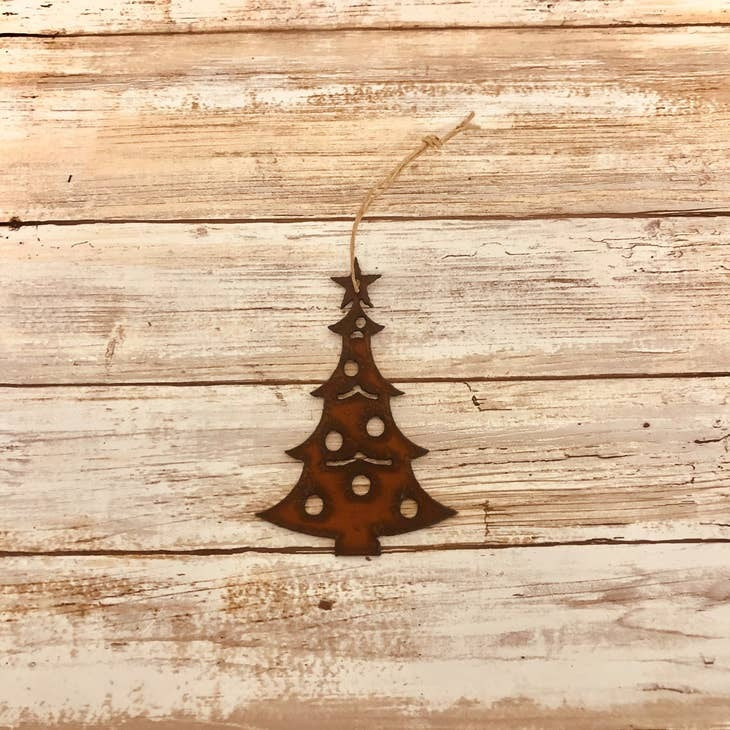 Rustic metal Christmas tree ornament for farmhouse holiday decor