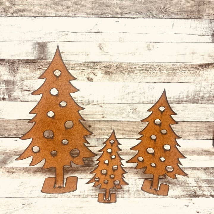 Tree 3 set of 3 rusty metal Christmas tabletop trees for seasonal decor