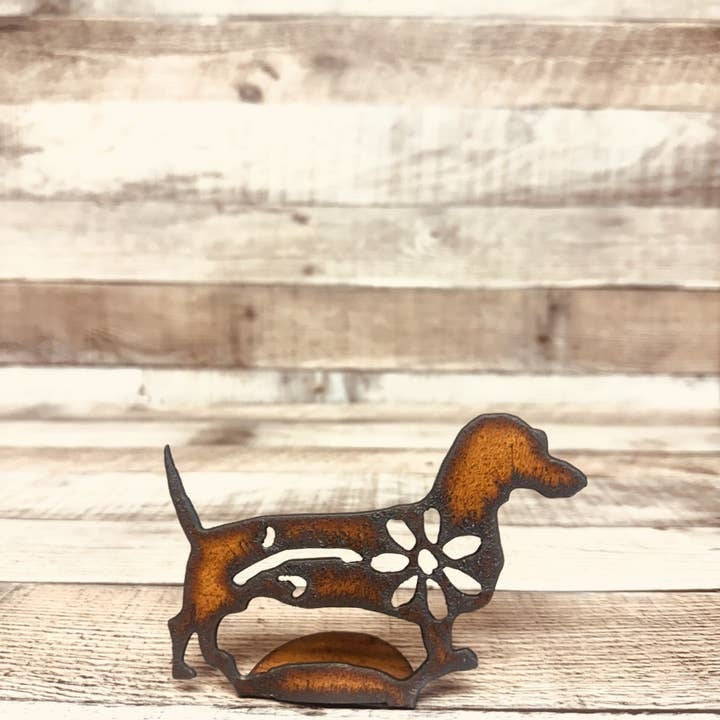 Rustic metal dachshund figurine for pet lovers and home shelf decor