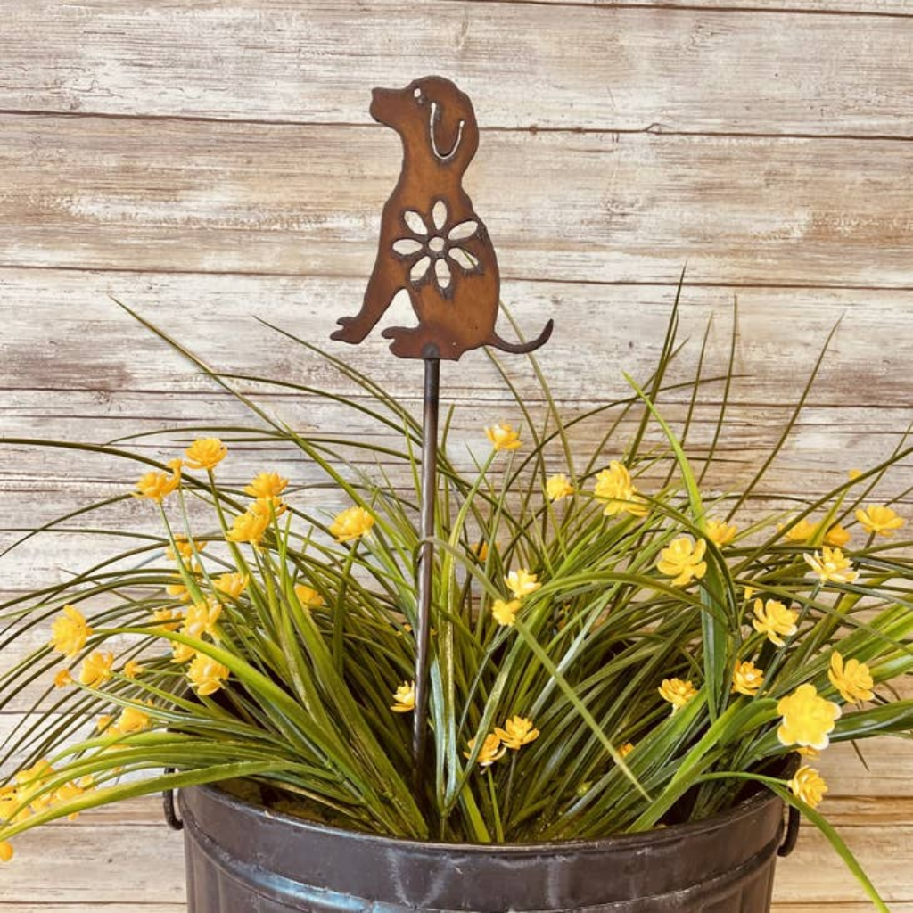 Rustic metal dog plant stake for gardens and planters