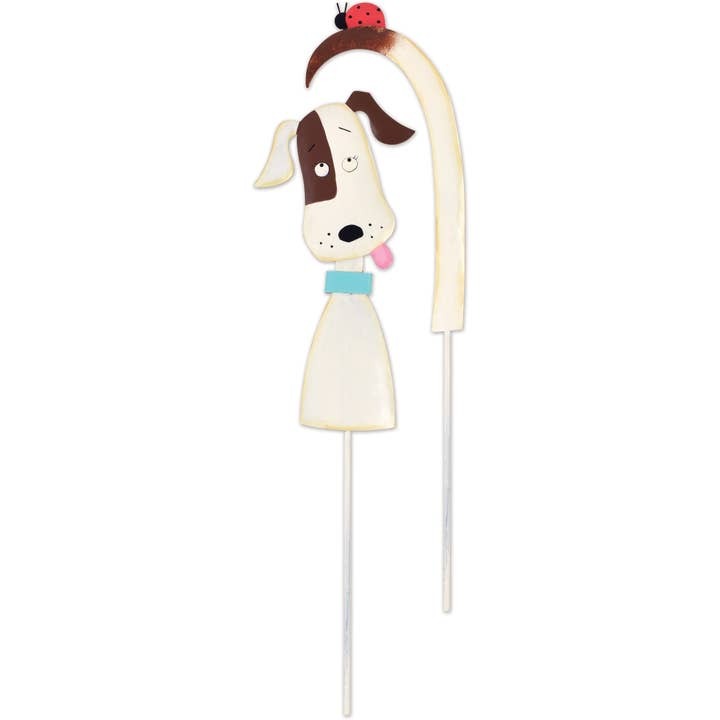 Dog peekaboo pot yard stake made of rustic metal for garden planters