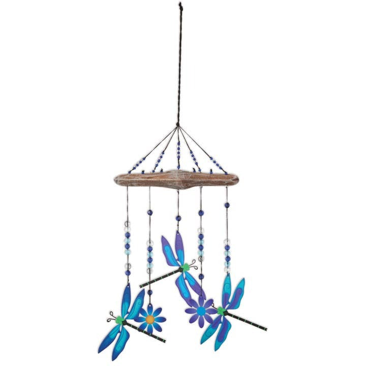 Dragonfly Painted Metal Bead and Driftwood Garden Chime