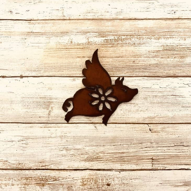 Rustic metal flying pig magnet for refrigerator or decor
