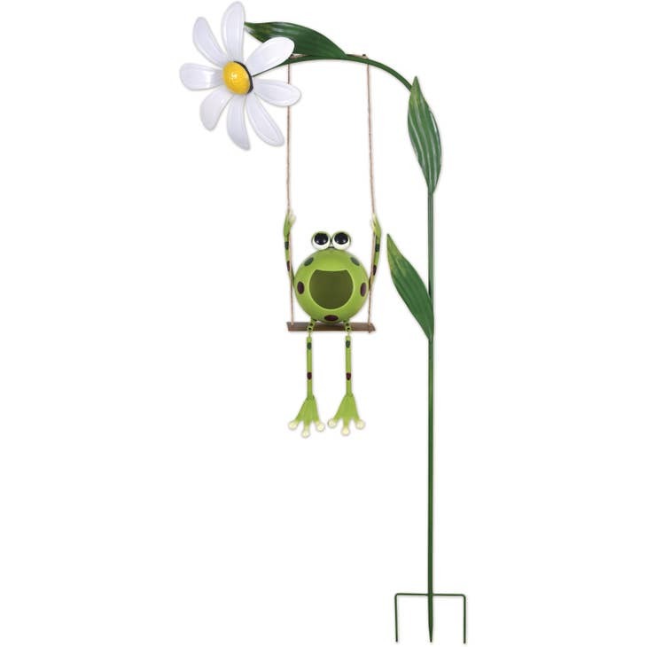 Swinging frog garden stake with solar-powered light feature