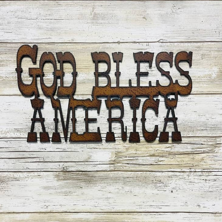 Rustic metal God Bless America wall sign for patriotic home decor