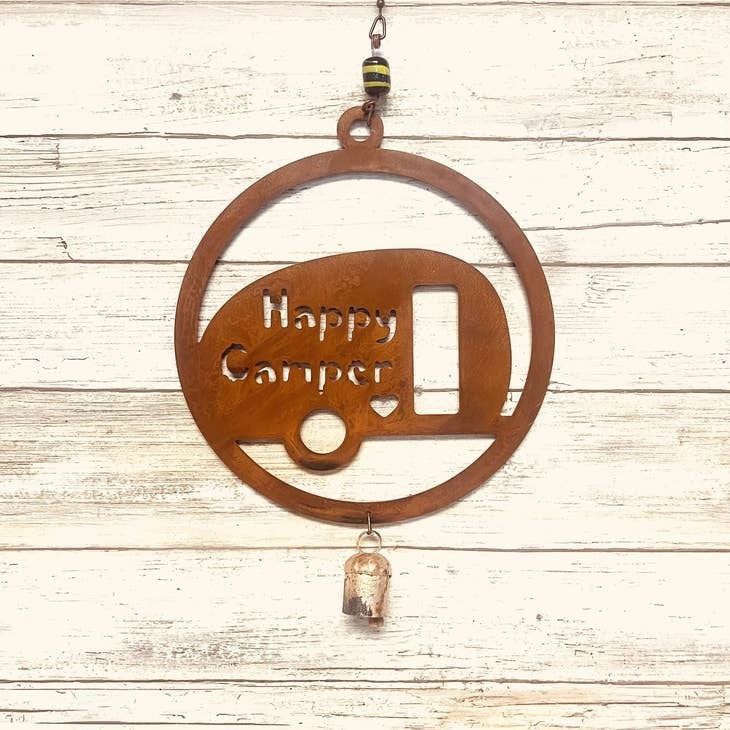 Rustic metal camper bell chime for vintage garden or RV decor