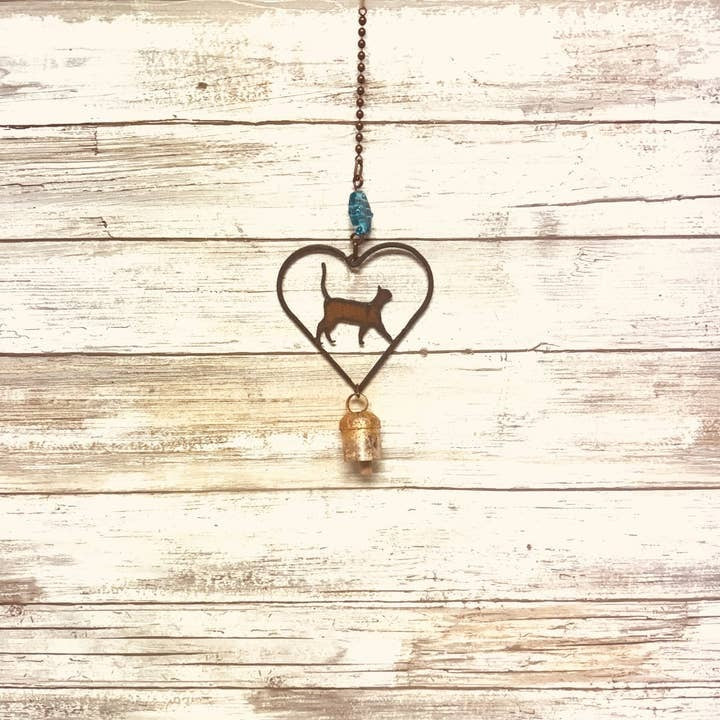 Rustic metal garden bell chime with heart outline and kitty cat design