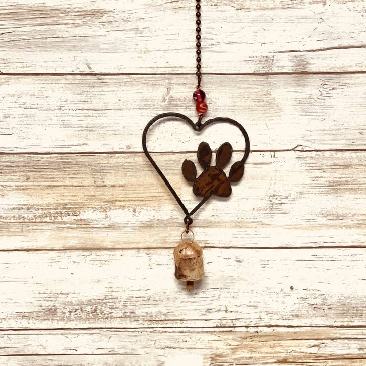Rustic metal pet memorial bell chime with heart and paw design