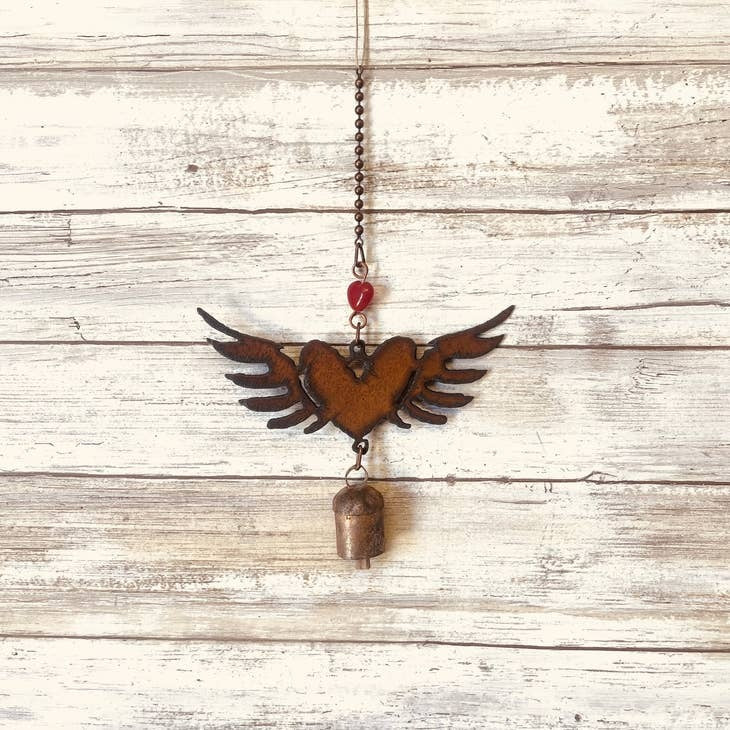 Heart and Wings Single Rusty Metal Bell Chime