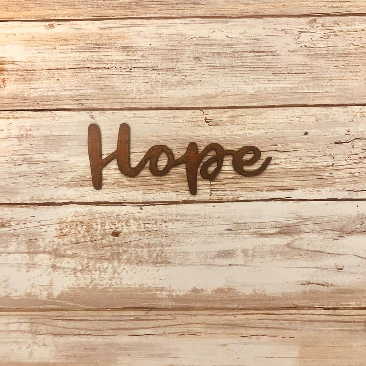 Rustic metal fridge magnet with “Hope” in cursive script design