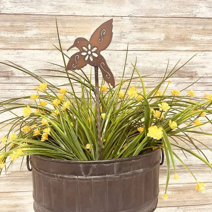 Rusty metal hummingbird garden friend plant stake for flower pots or beds
