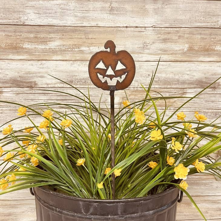 Halloween-themed jack-o’-lantern metal plant stake for garden or yard