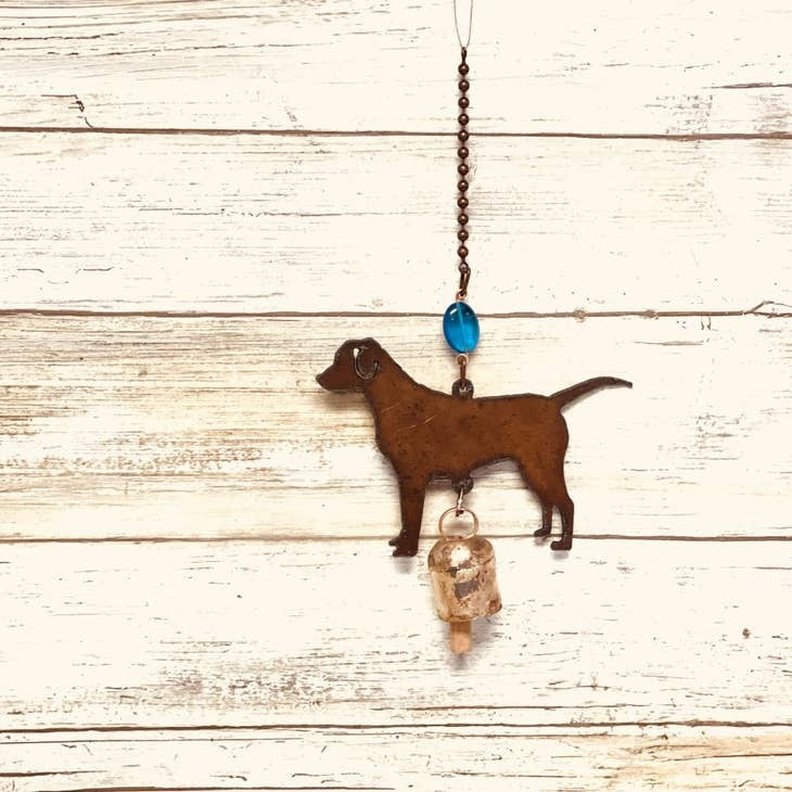 Rustic metal garden chime featuring a Labrador Retriever silhouette
