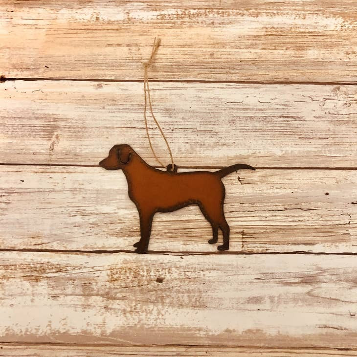 Rustic metal ornament shaped like a Labrador Retriever for tree or decor