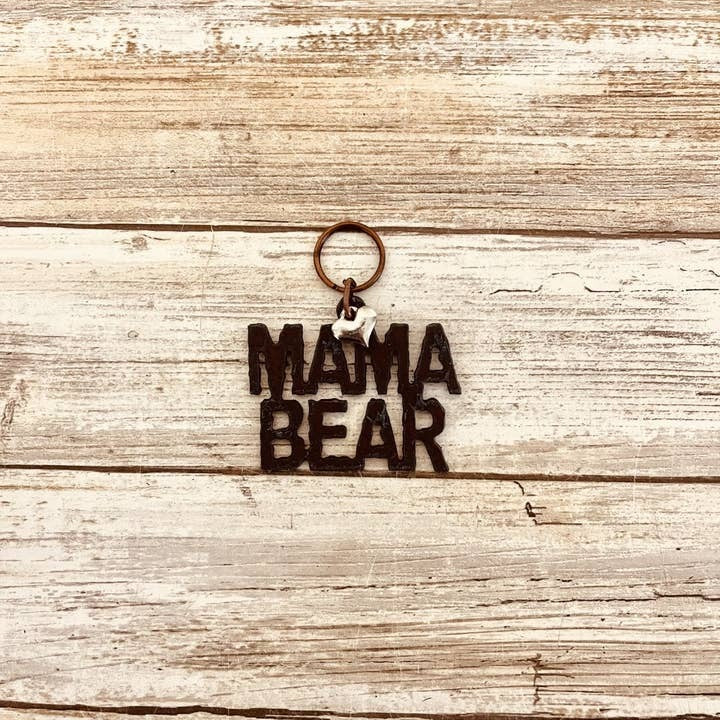 Rusty metal keychain with “Mama Bear” silhouette for gifts or accessories