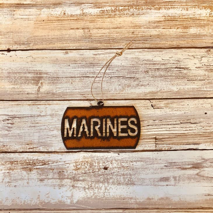 Rustic metal ornament with Marines emblem for patriotic or military decor