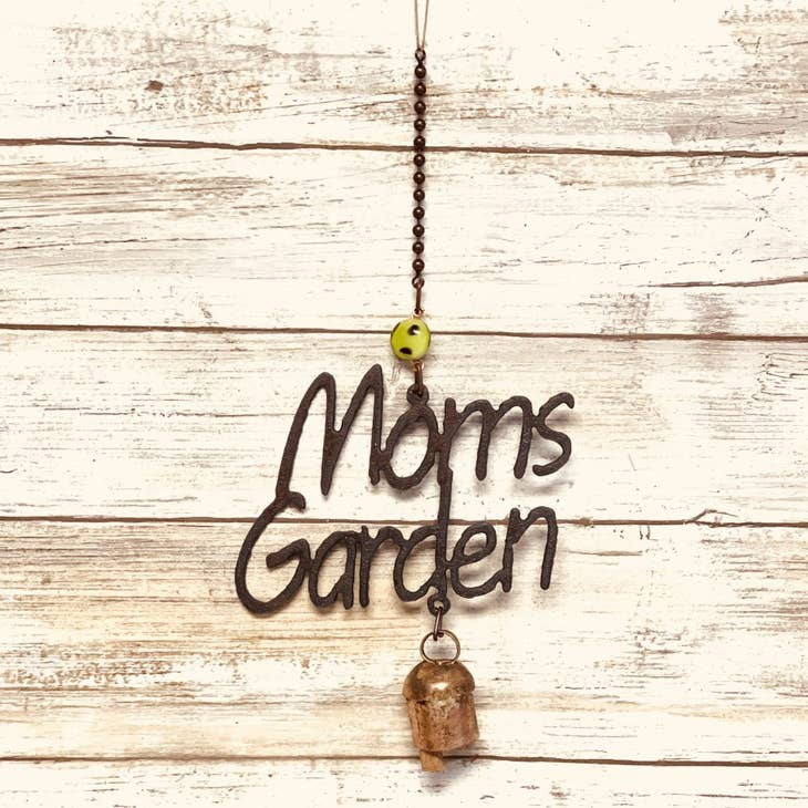 Rustic garden bell chime with “Mom’s Garden” text for outdoor decor