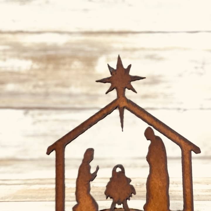 Mini rustic metal nativity doodad with holy family for holiday decor