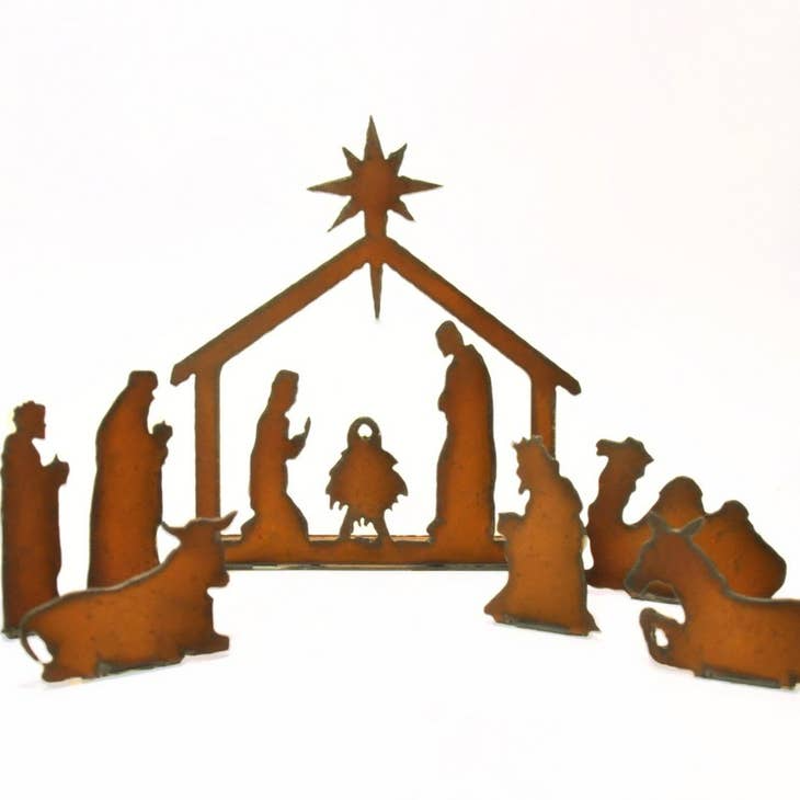 Seven-piece large rustic metal nativity scene for tabletop Christmas display