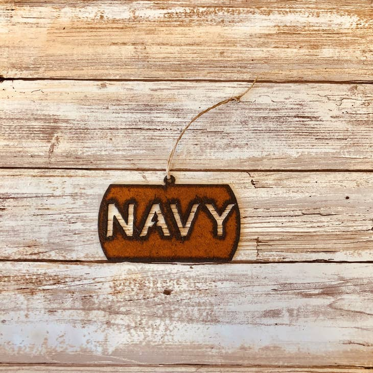 Rustic metal ornament with Navy theme, great for patriotic Christmas decor