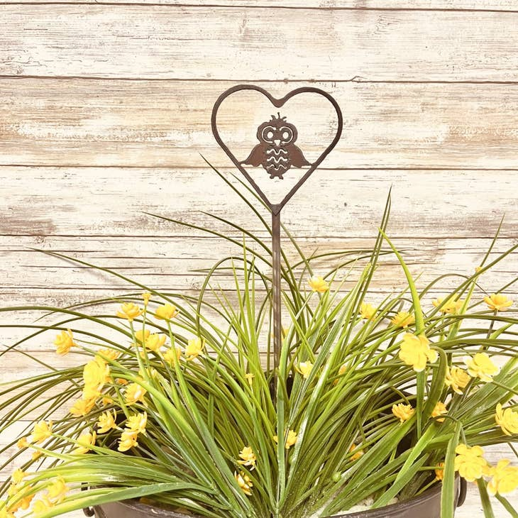 Rustic metal plant stake with Iron owl and heart outline design