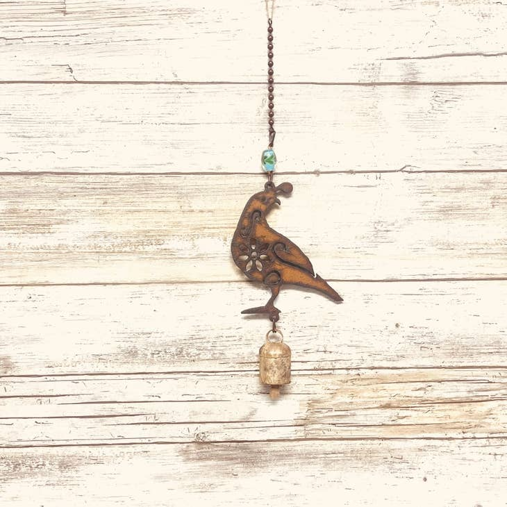 Rustic metal quail garden mobile with single bell and hanging design