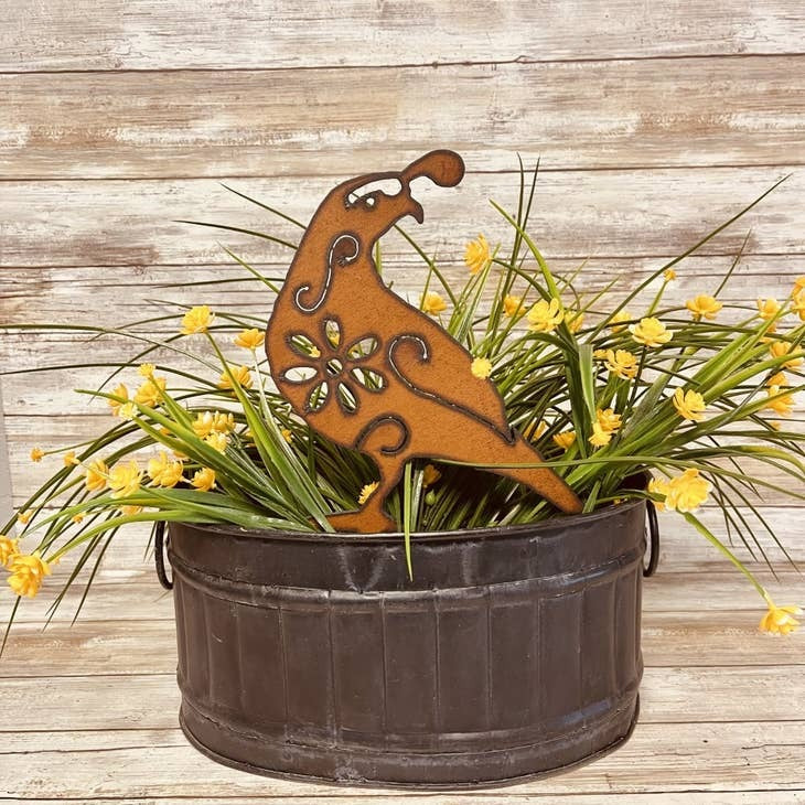 Rustic metal quail yard stake with two ground spikes for outdoor gardens
