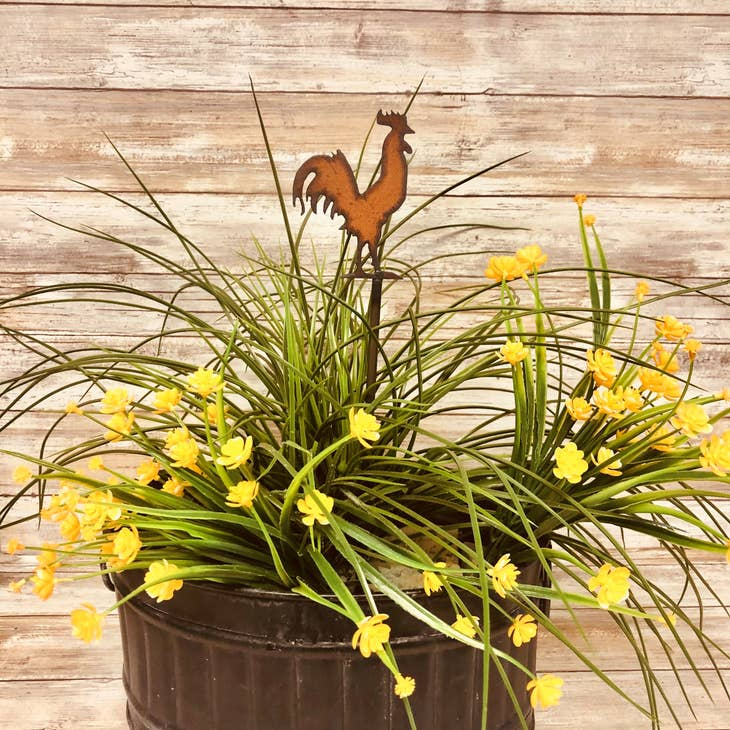Rustic metal rooster plant stake for garden or farm-style decor