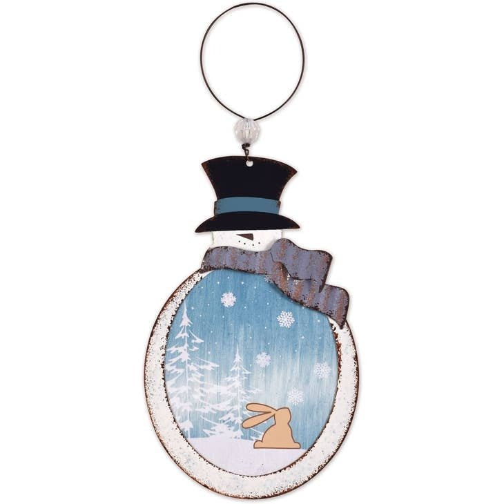 Snowman ornament with silver scarf and bunny, rustic holiday decor