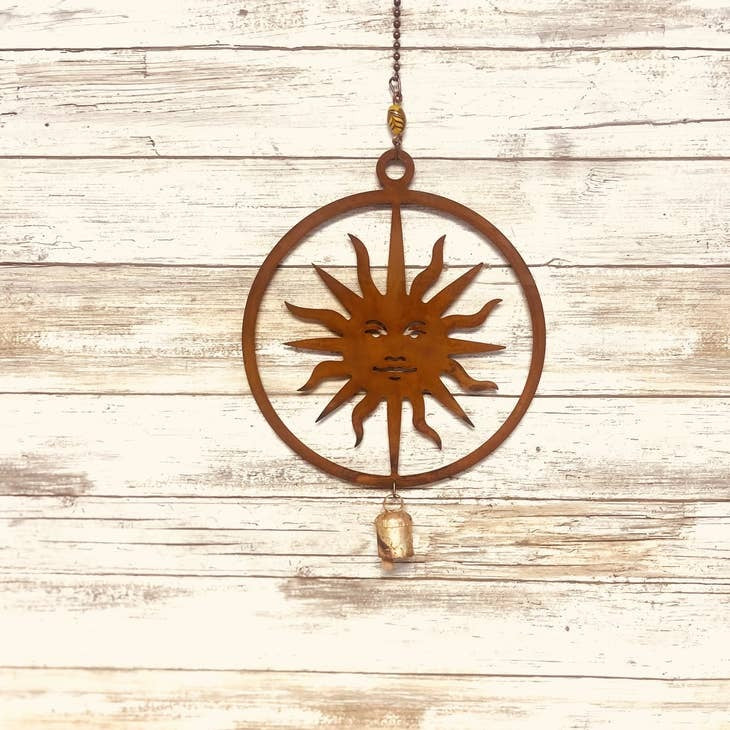 8-inch rustic garden chime with circular sun face design | Garden Decor | Iron Owl Home