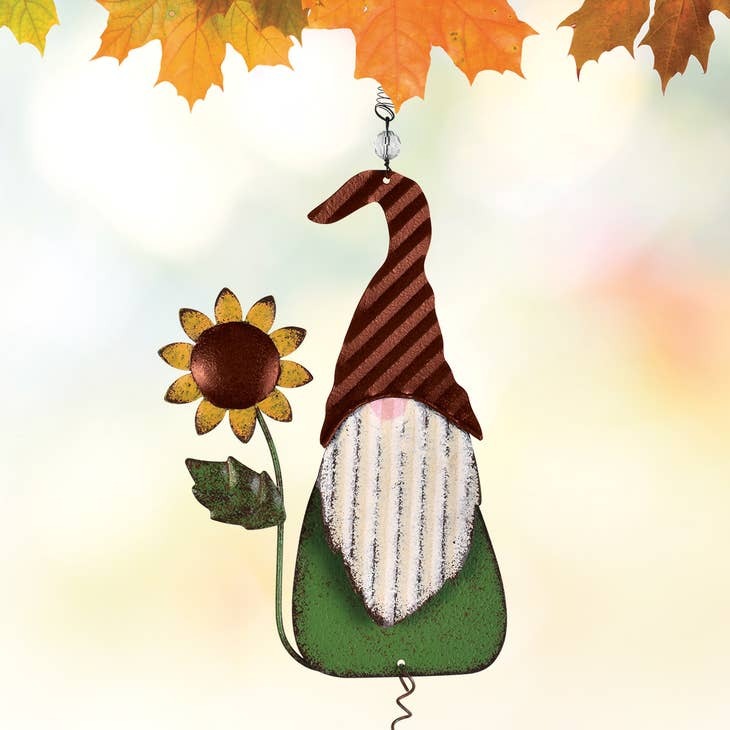 Hand-painted gnome with sunflower hanging bouncy garden mobile