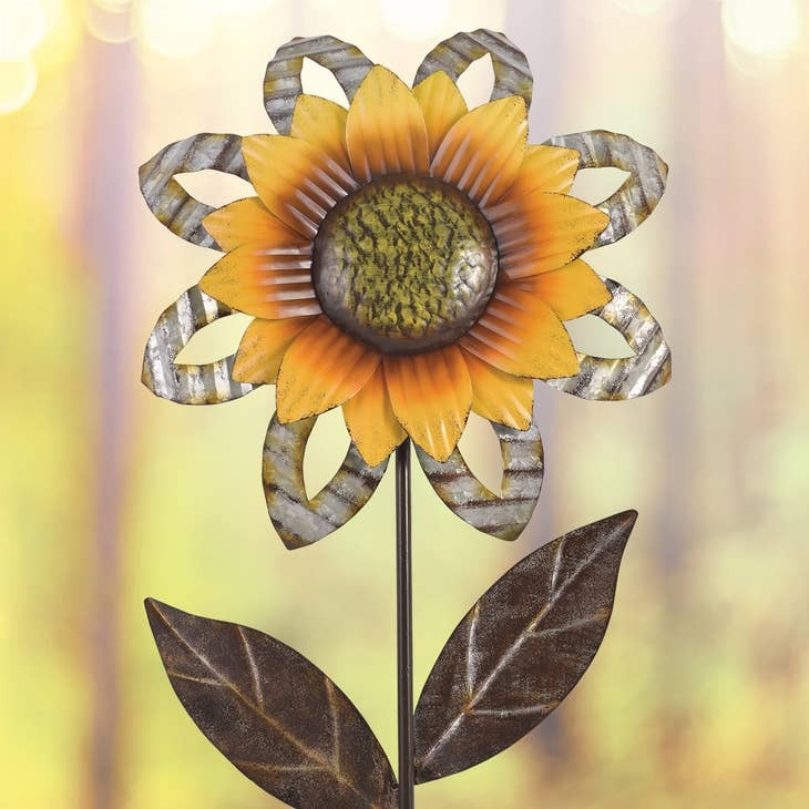 Tall 57-inch sunflower garden stake in rustic metal for yard art