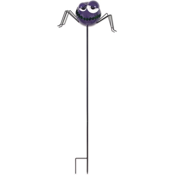 Rustic metal spider garden stake named Violet, fun Halloween decor