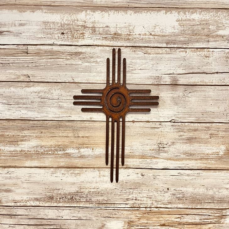 Zia cross metal wall art with Southwestern New Mexico design