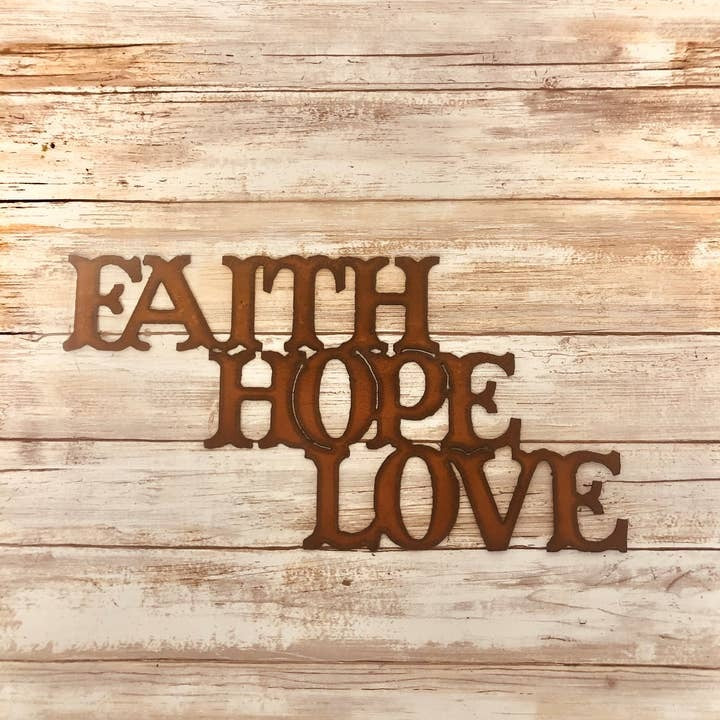 Rustic metal “Faith Hope Love” inspirational wall sign for farmhouse or outdoor decor