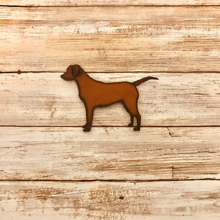 Rustic metal magnet featuring the silhouette of a Labrador Retriever